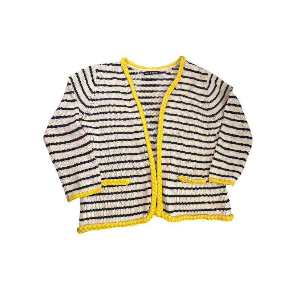 Cable & Gauge Striped Cardigan Yellow Braided Trim Cotton Knit Preppy Nautical